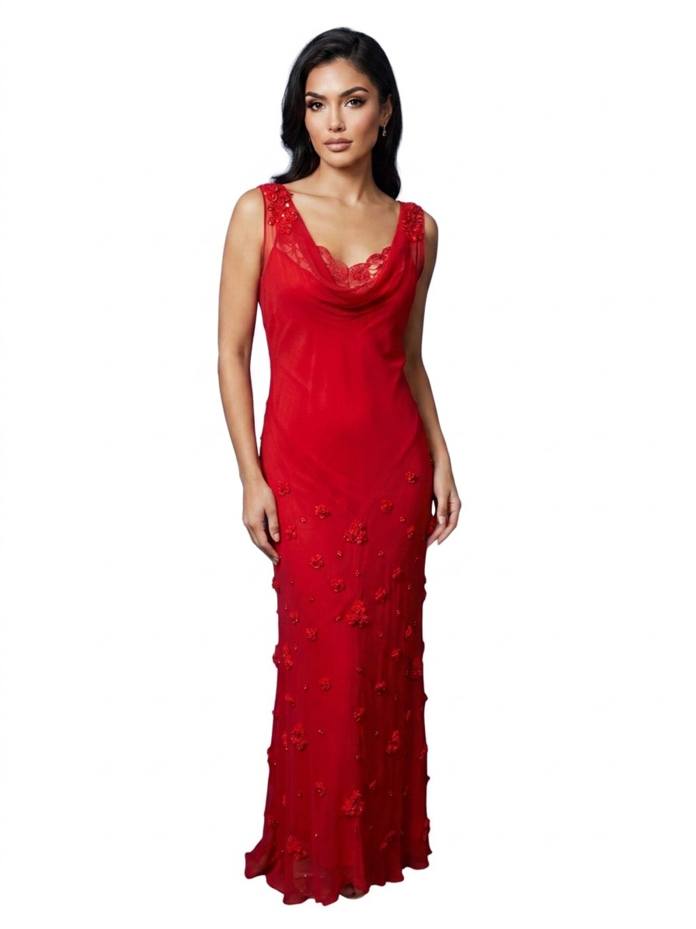 Red Embellished Cowl Neck Evening Dress